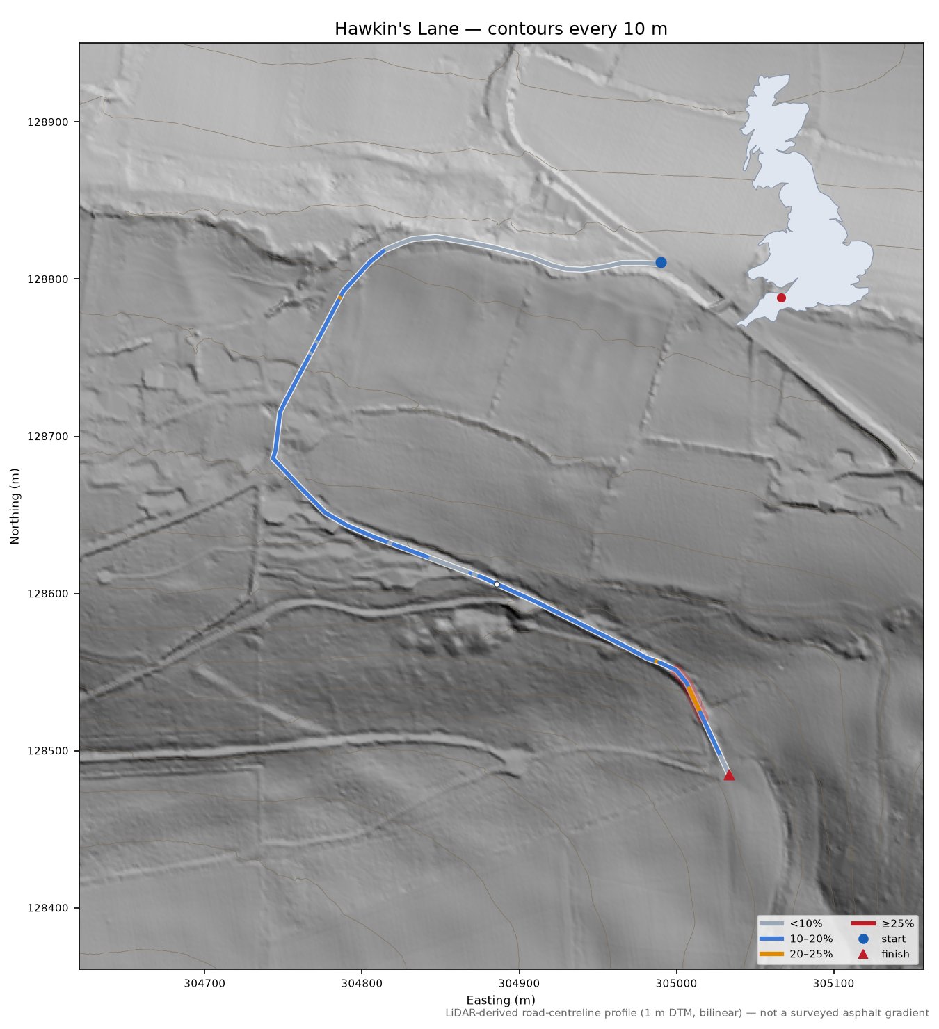 Hawkin's Lane LiDAR hillshade map with contours