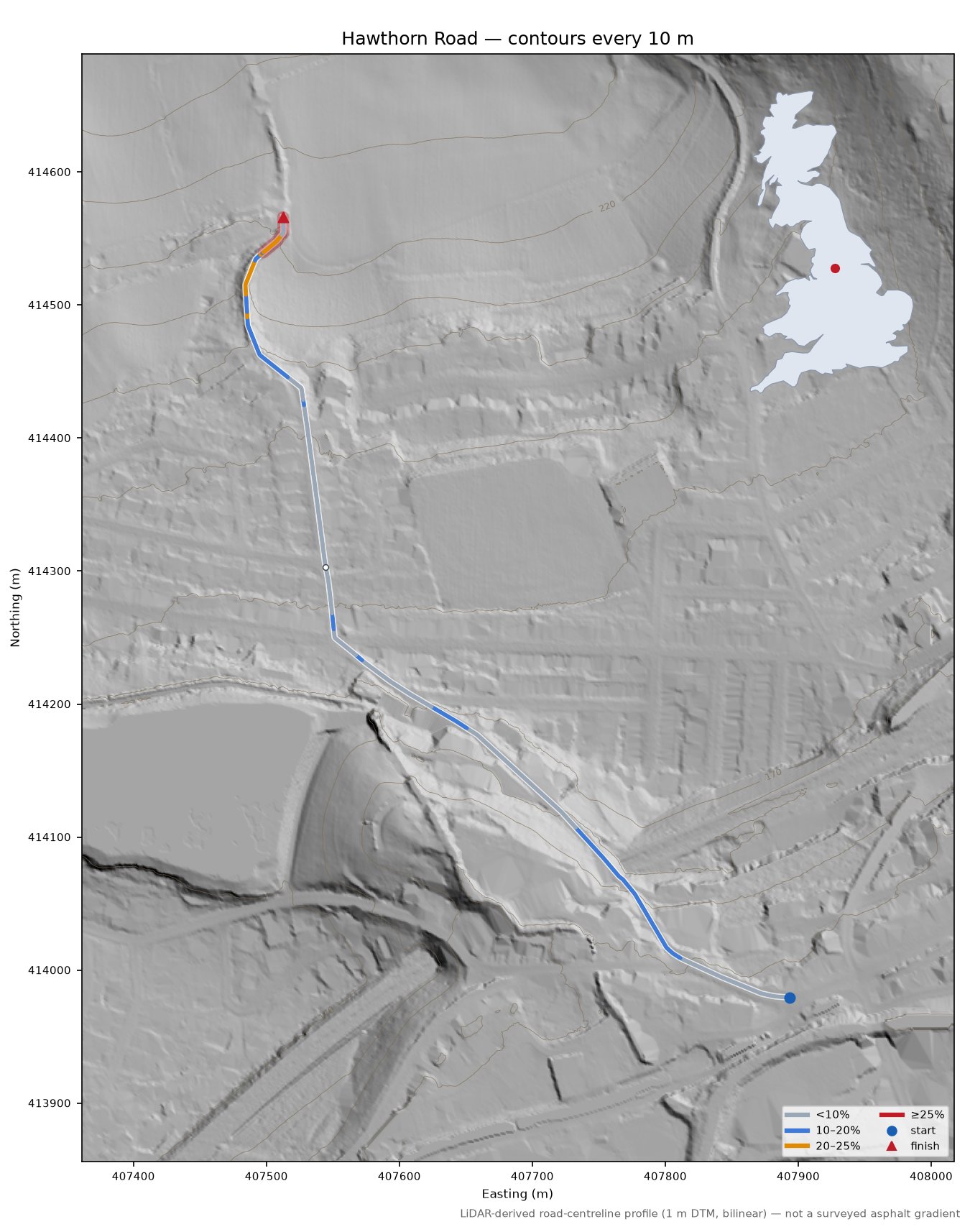 Hawthorn Road LiDAR hillshade map with contours