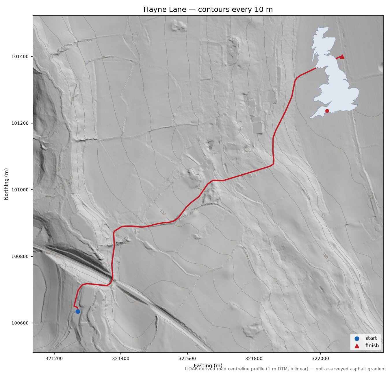 Hayne Lane LiDAR hillshade map with contours