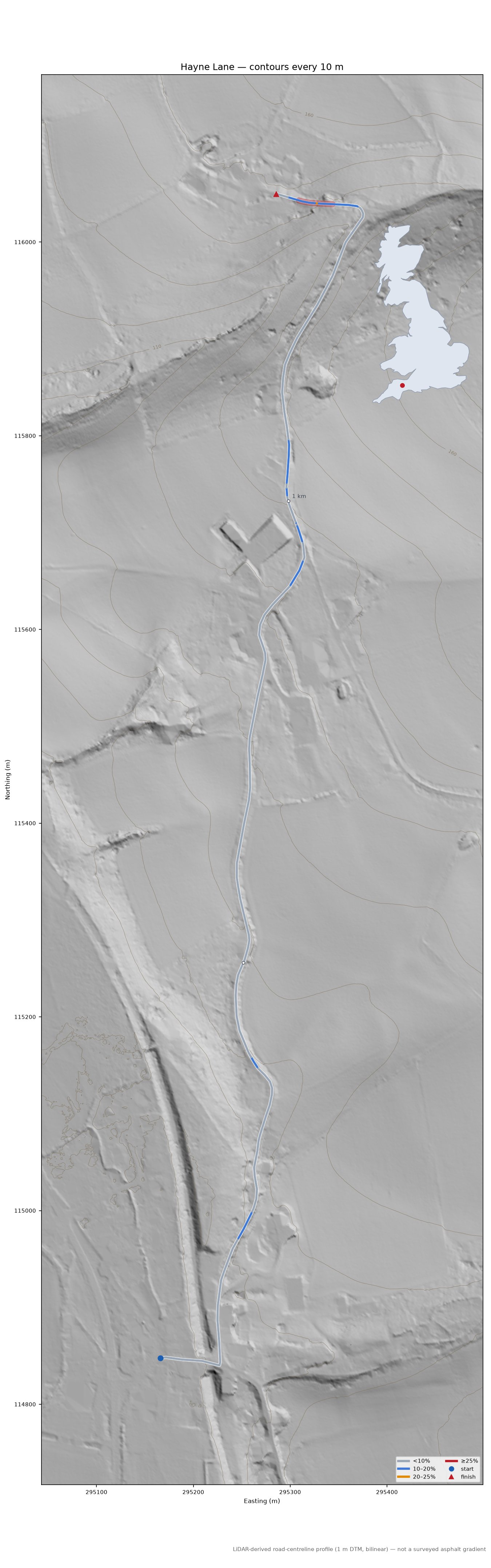 Hayne Lane LiDAR hillshade map with contours