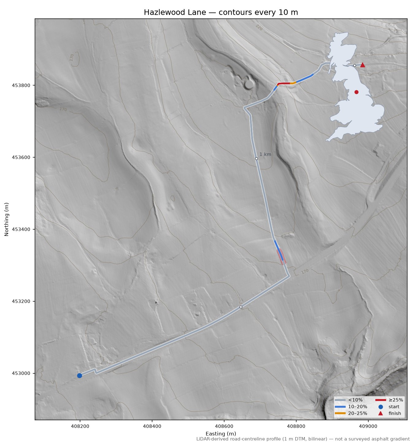 Hazlewood Lane LiDAR hillshade map with contours