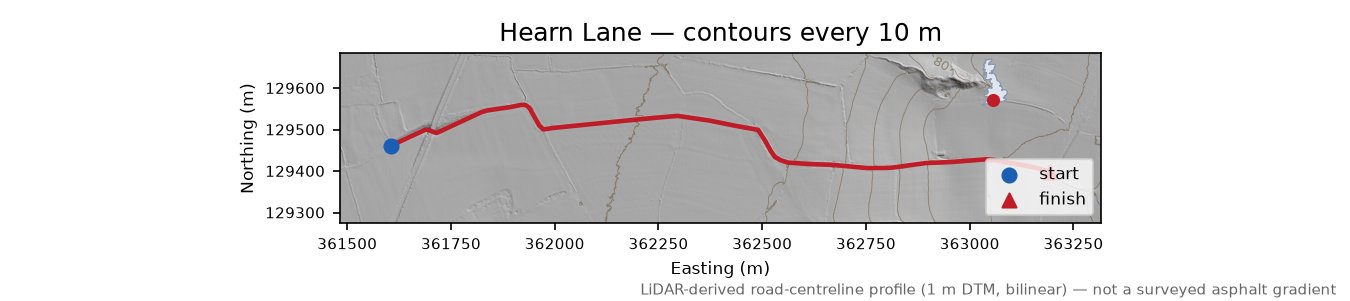 Hearn Lane LiDAR hillshade map with contours