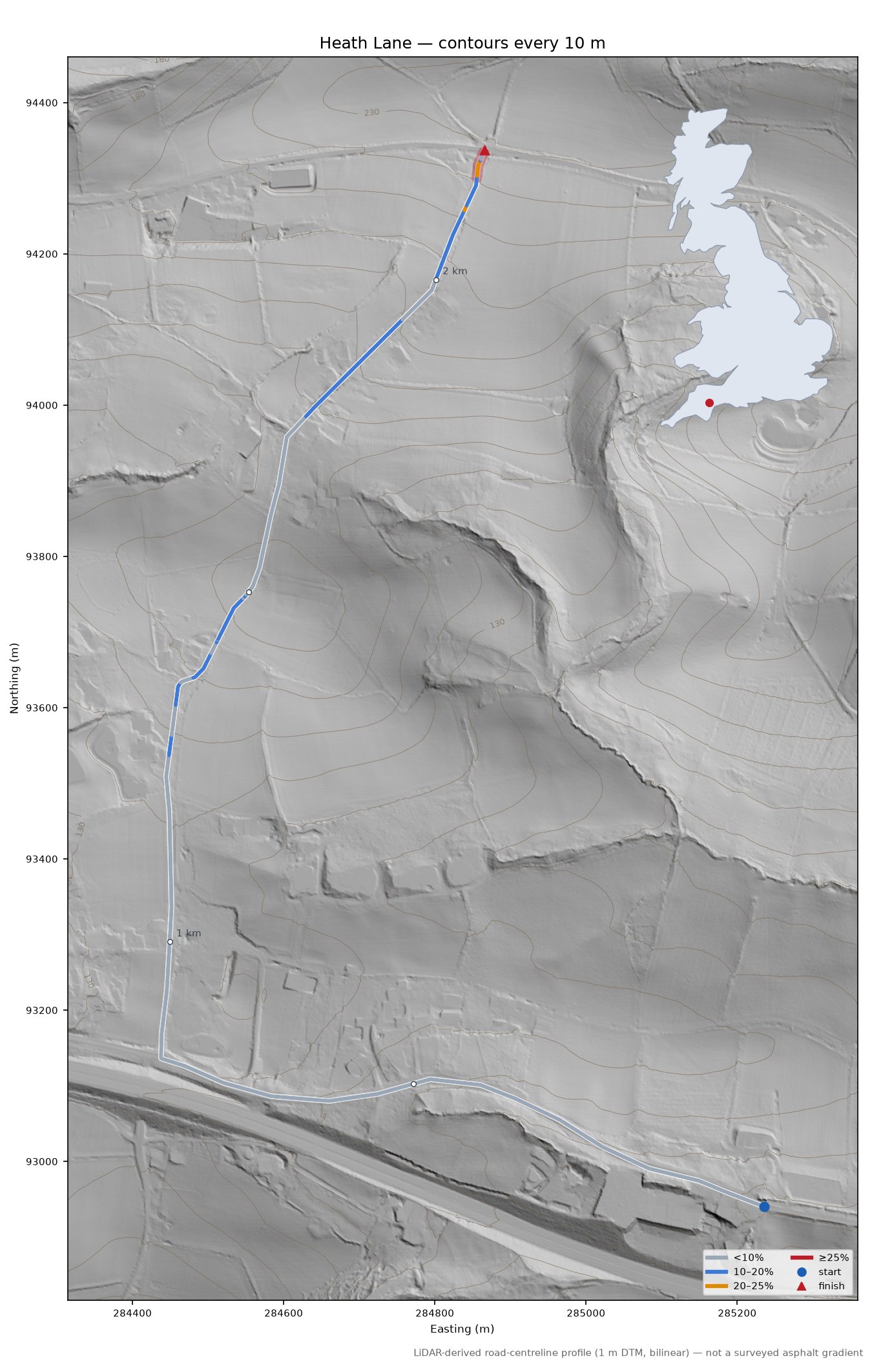 Heath Lane LiDAR hillshade map with contours