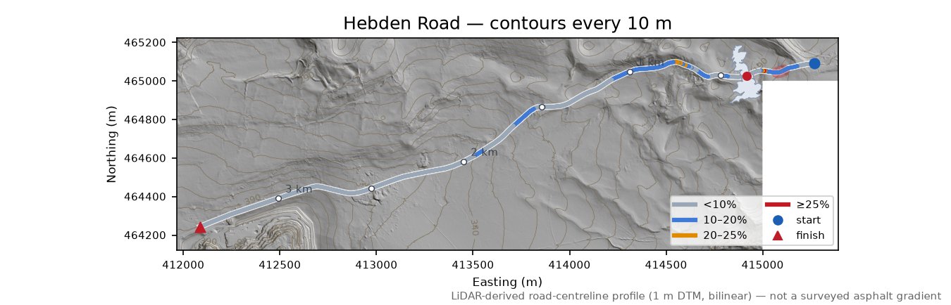 Hebden Road LiDAR hillshade map with contours