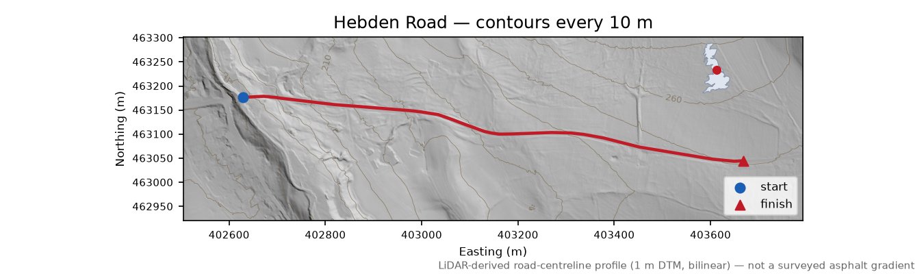 Hebden Road LiDAR hillshade map with contours