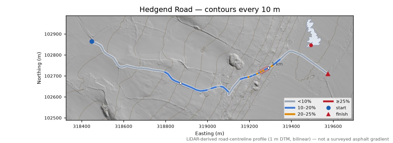 Hedgend Road LiDAR hillshade map with contours