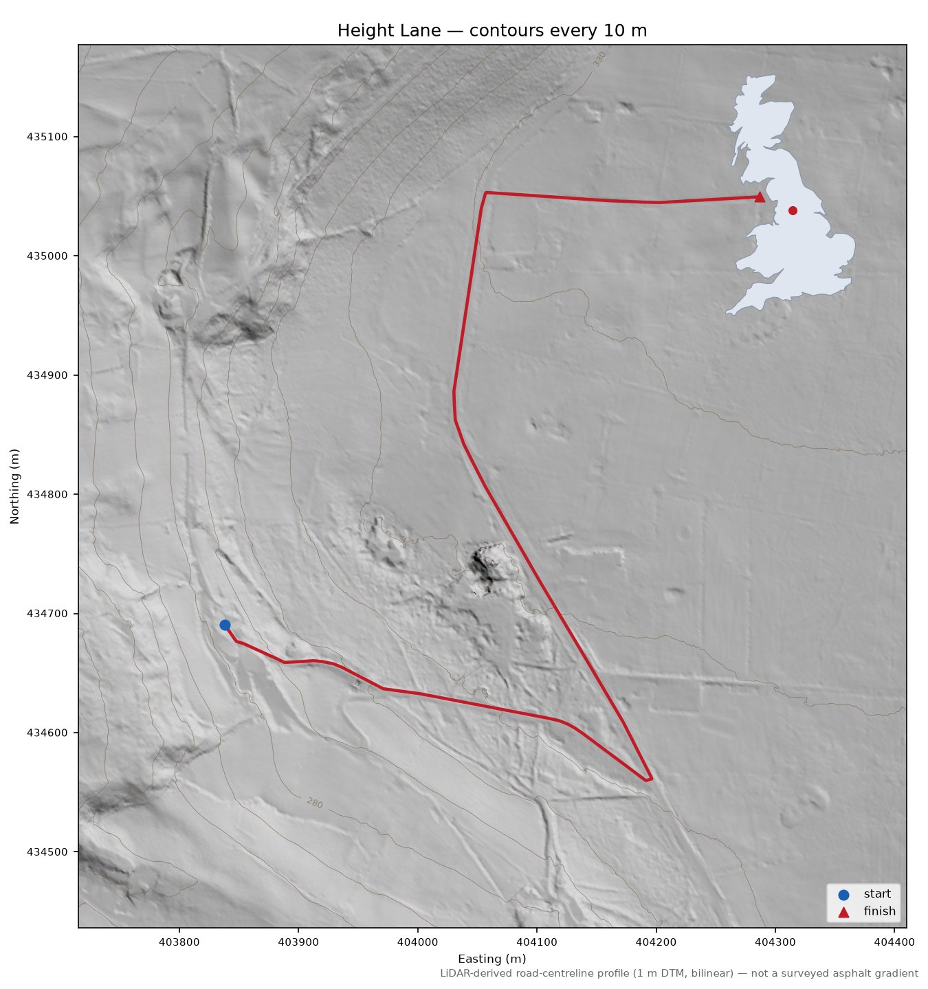 Height Lane LiDAR hillshade map with contours
