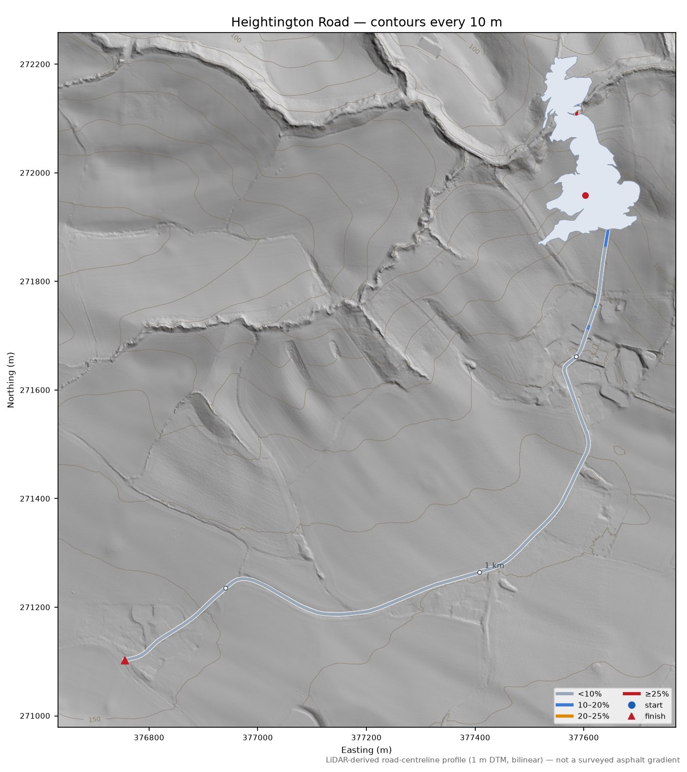 Heightington Road LiDAR hillshade map with contours