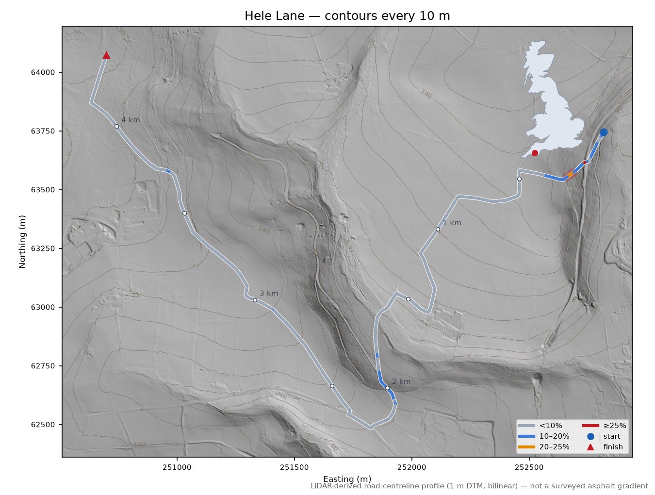 Hele Lane LiDAR hillshade map with contours