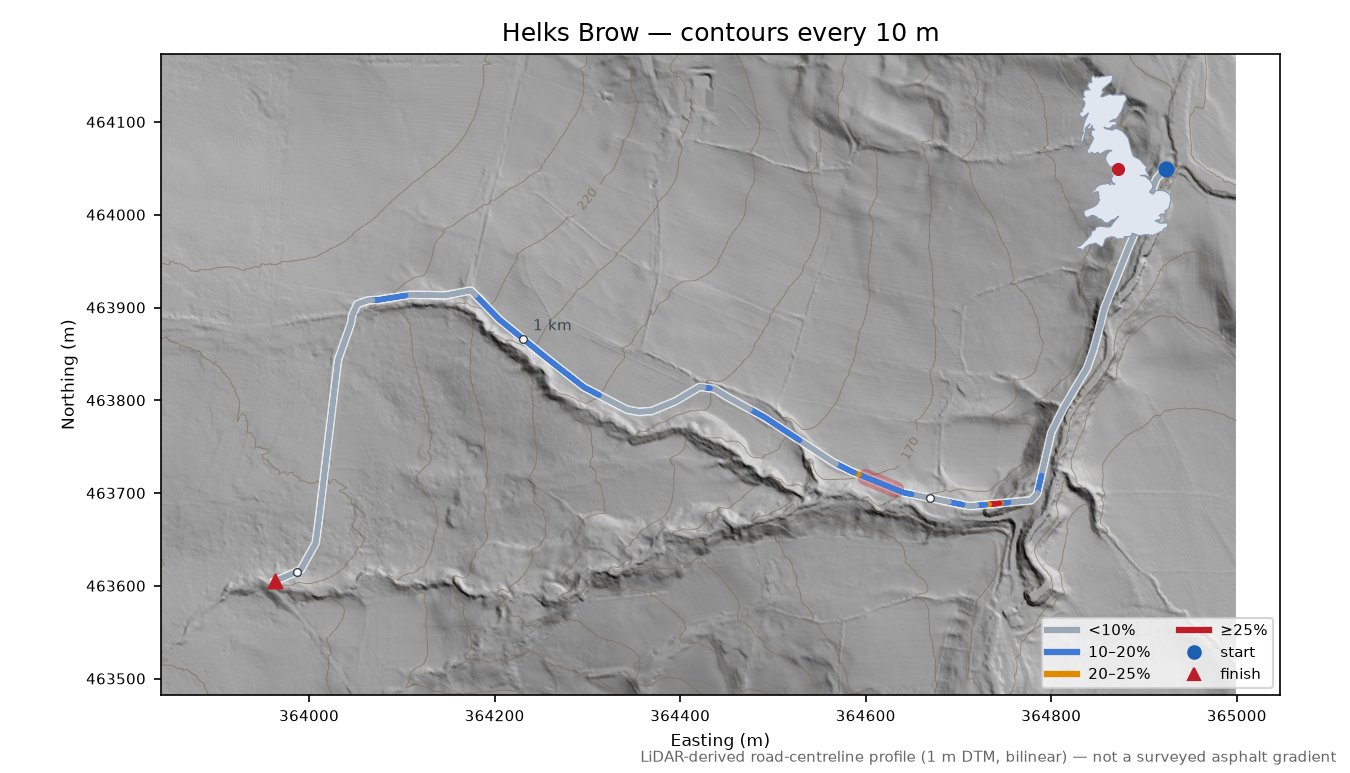 Helks Brow LiDAR hillshade map with contours