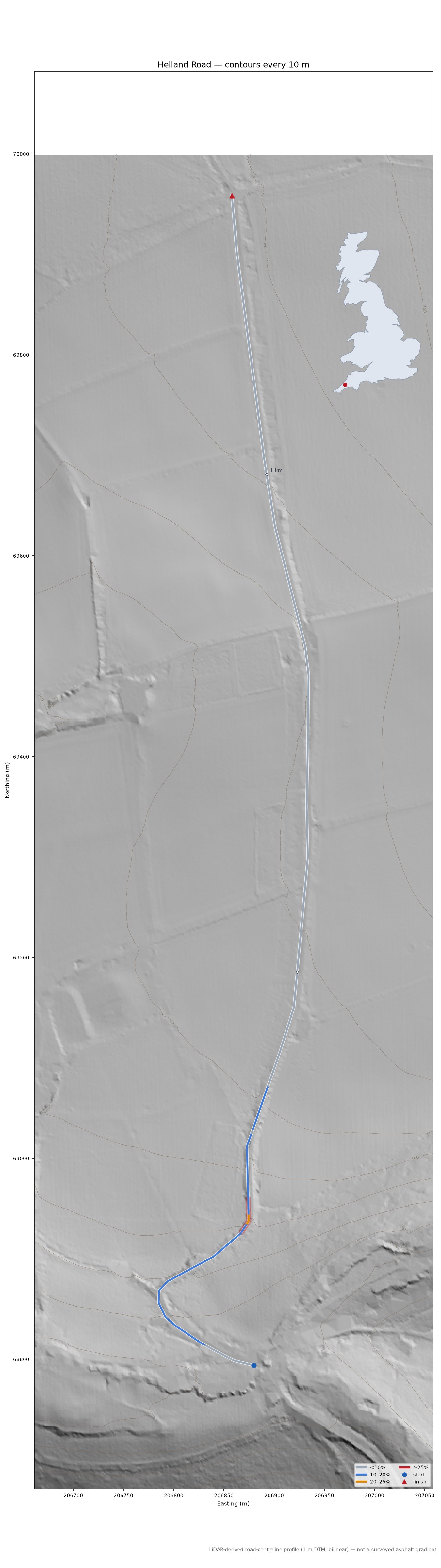 Helland Road LiDAR hillshade map with contours