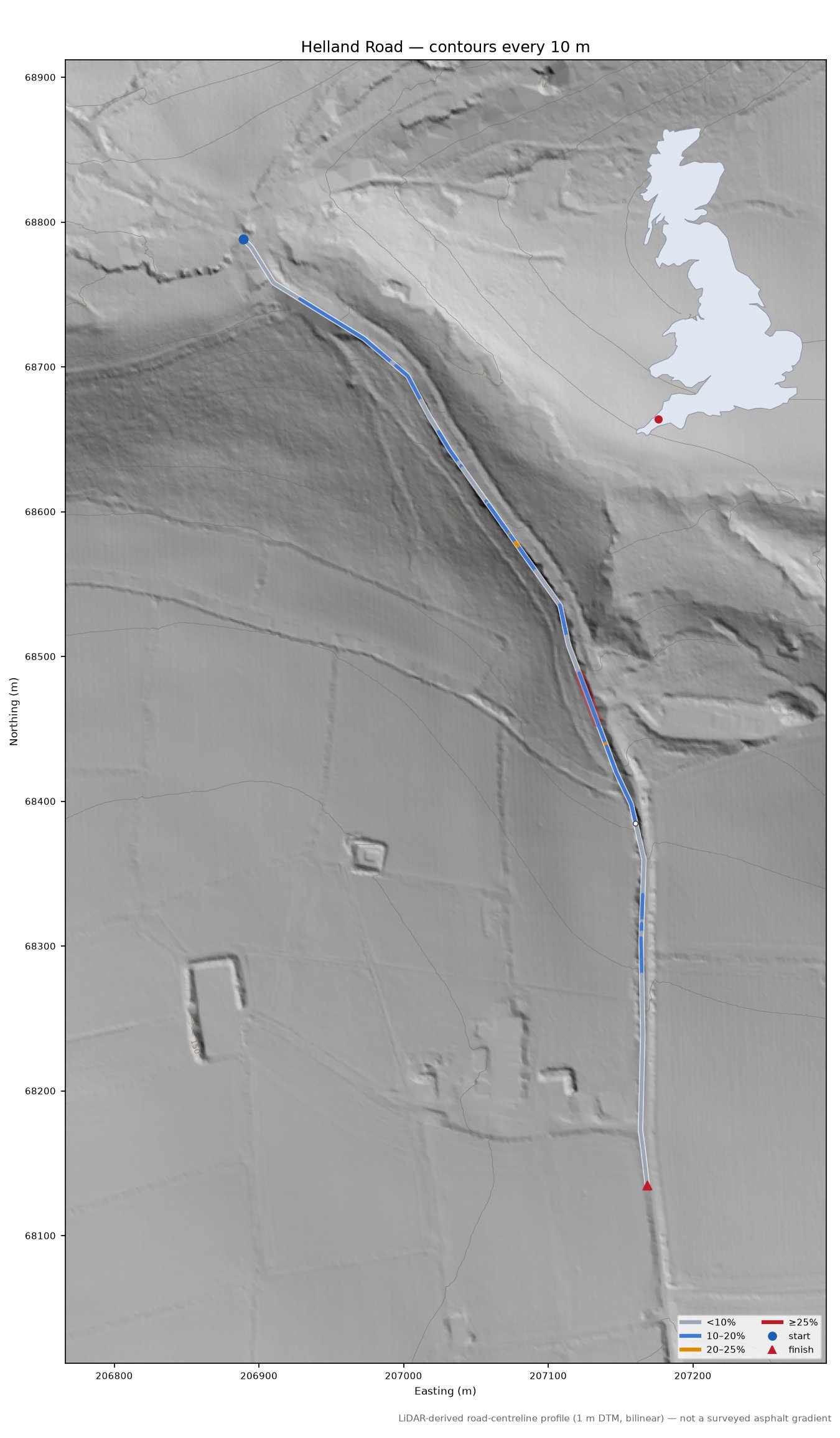 Helland Road LiDAR hillshade map with contours