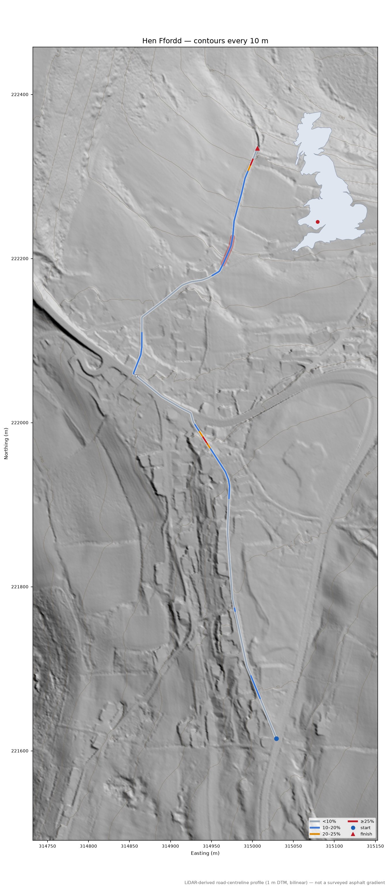 Hen Ffordd LiDAR hillshade map with contours