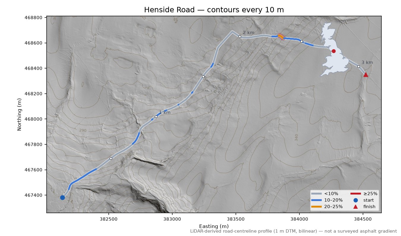 Henside Road LiDAR hillshade map with contours