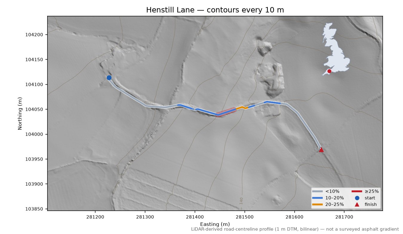 Henstill Lane LiDAR hillshade map with contours