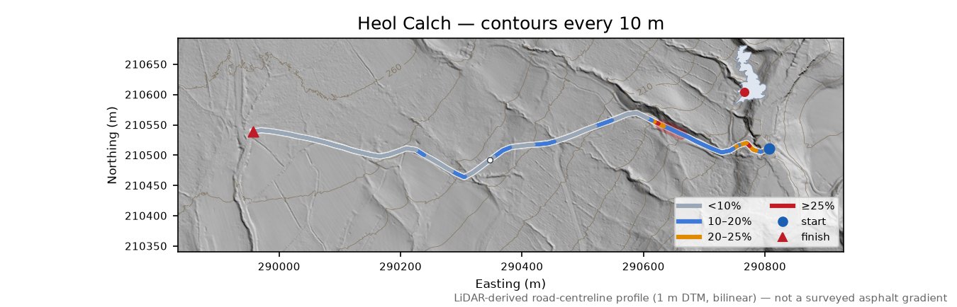 Heol Calch LiDAR hillshade map with contours
