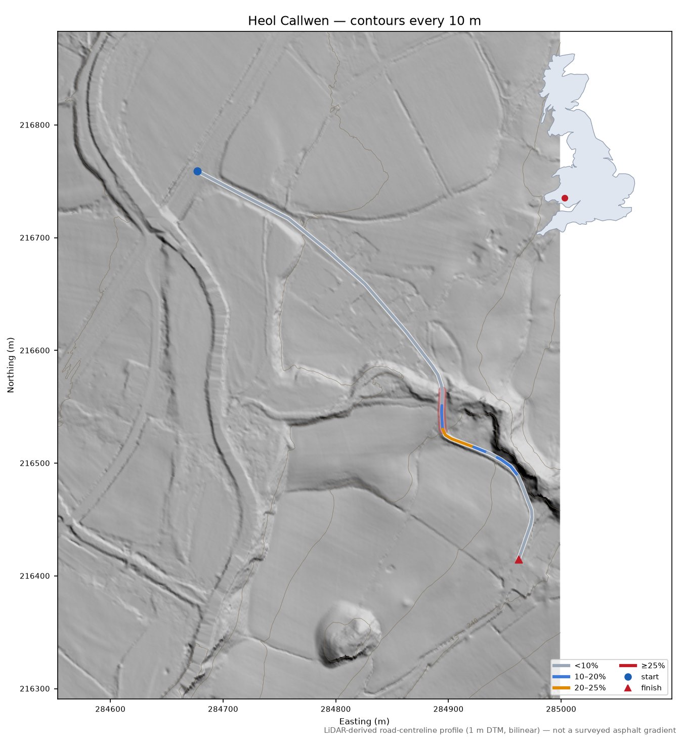 Heol Callwen LiDAR hillshade map with contours