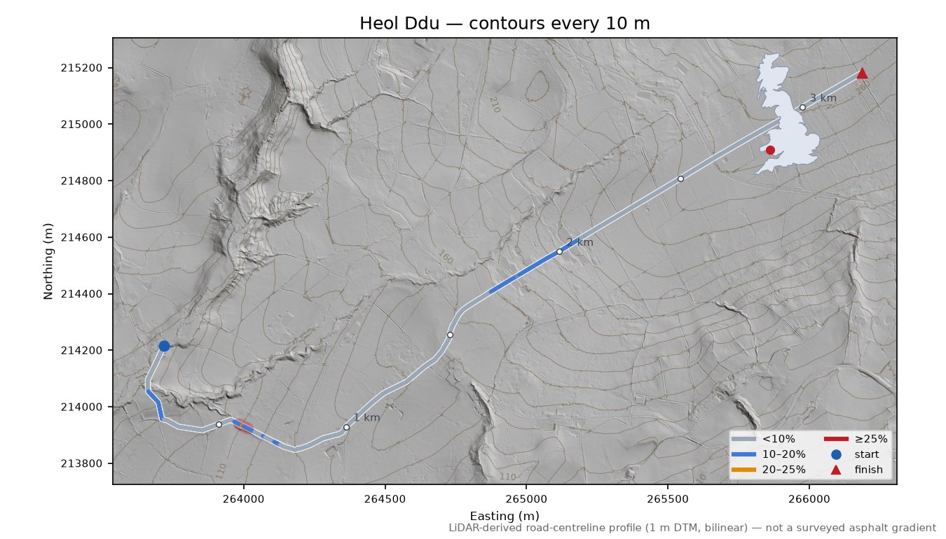 Heol Ddu LiDAR hillshade map with contours