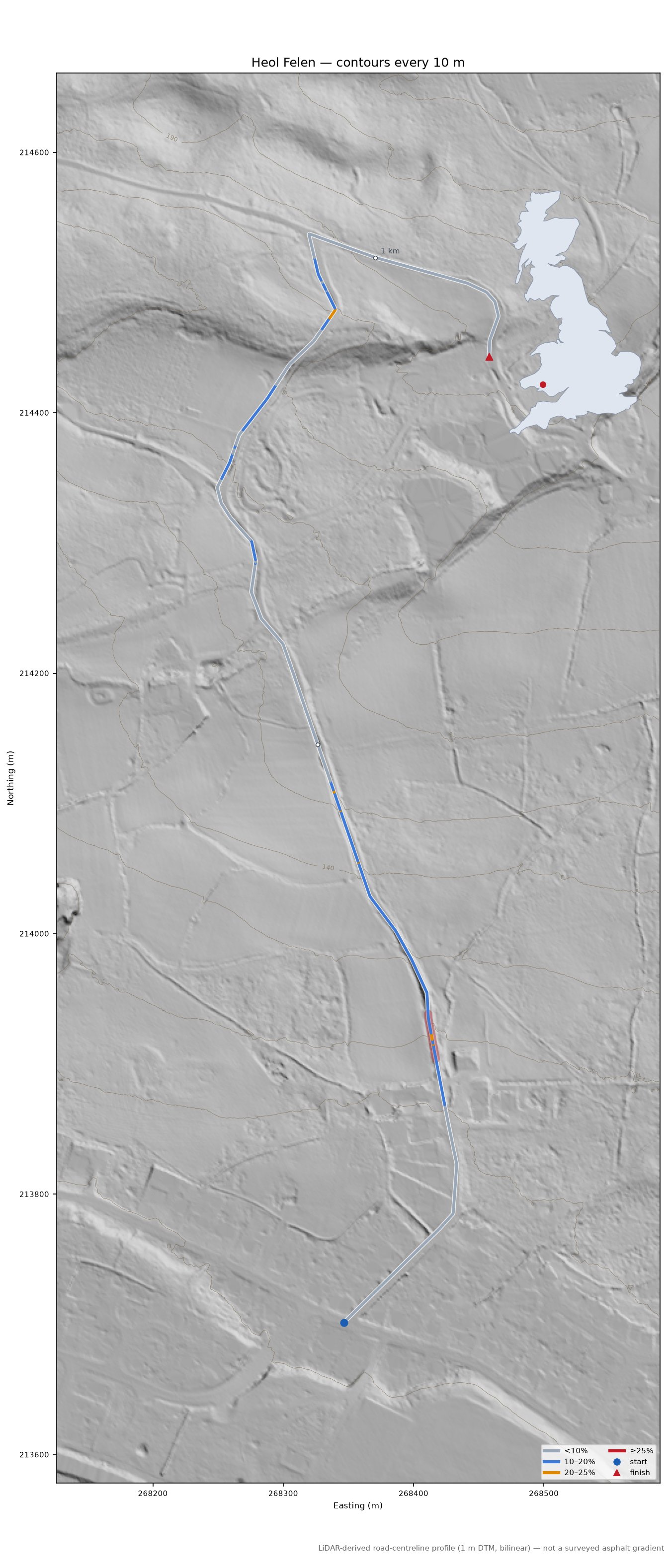 Heol Felen LiDAR hillshade map with contours
