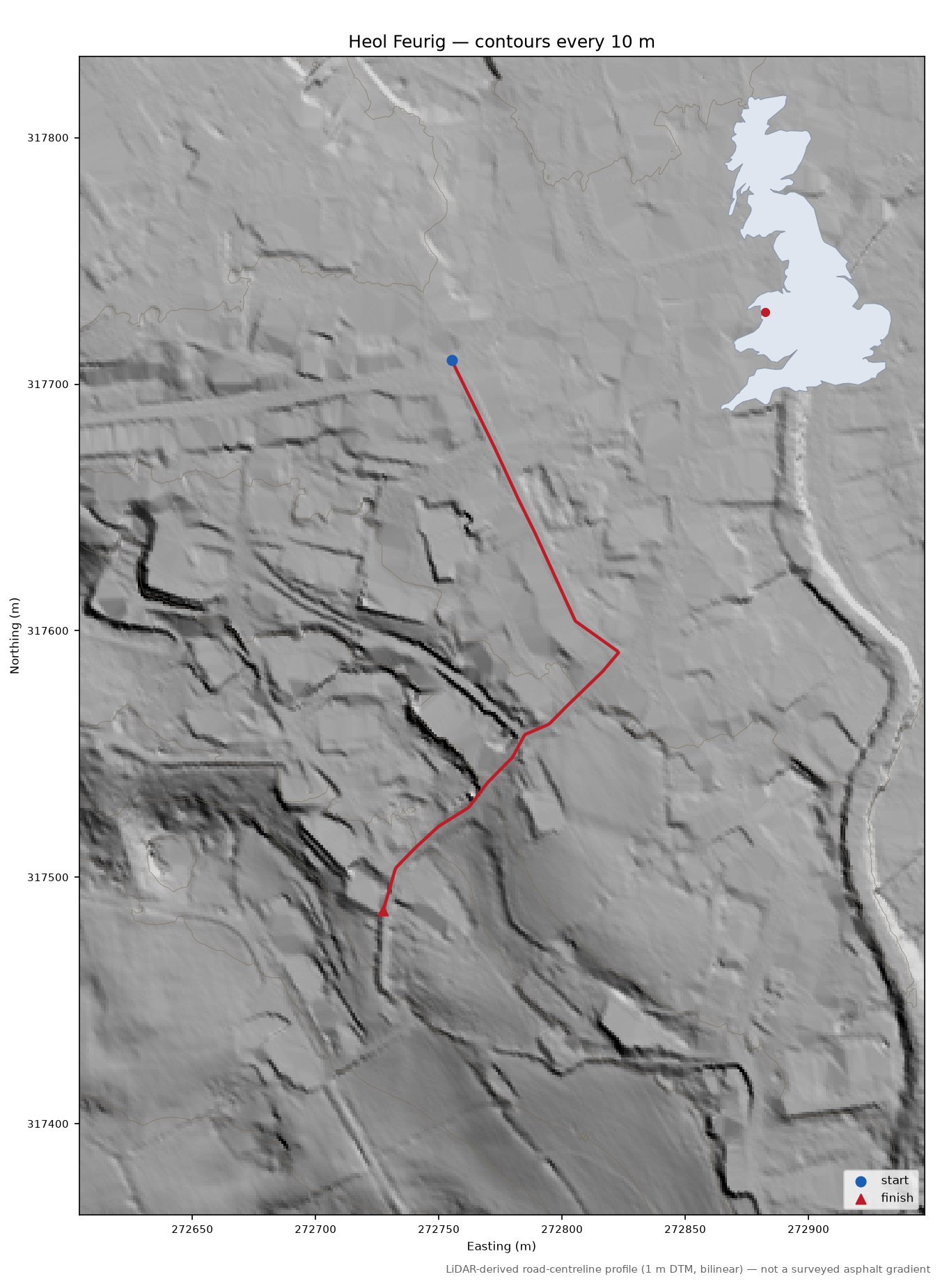 Heol Feurig LiDAR hillshade map with contours