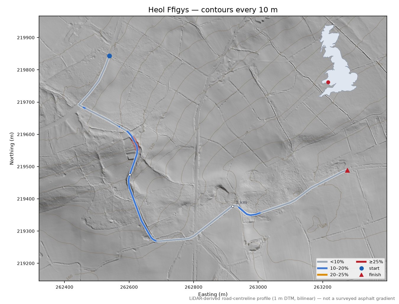 Heol Ffigys LiDAR hillshade map with contours