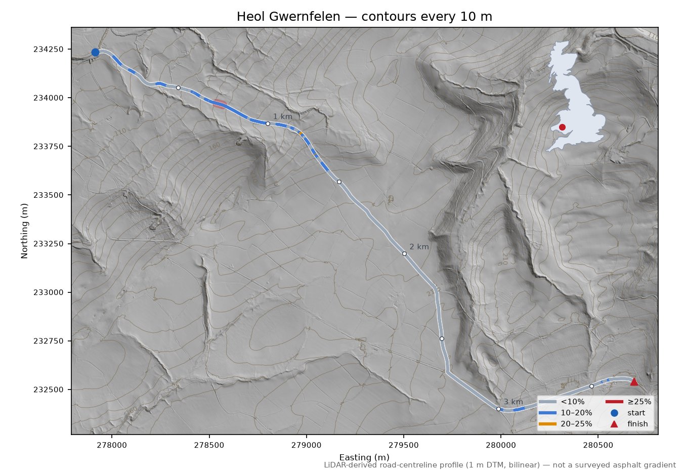 Heol Gwernfelen LiDAR hillshade map with contours