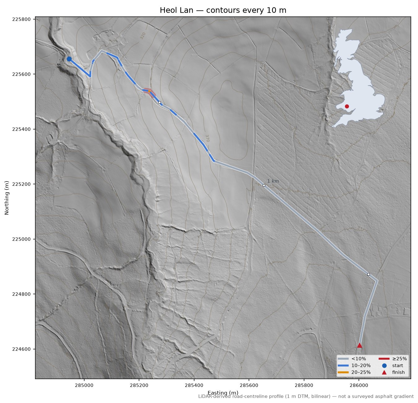 Heol Lan LiDAR hillshade map with contours
