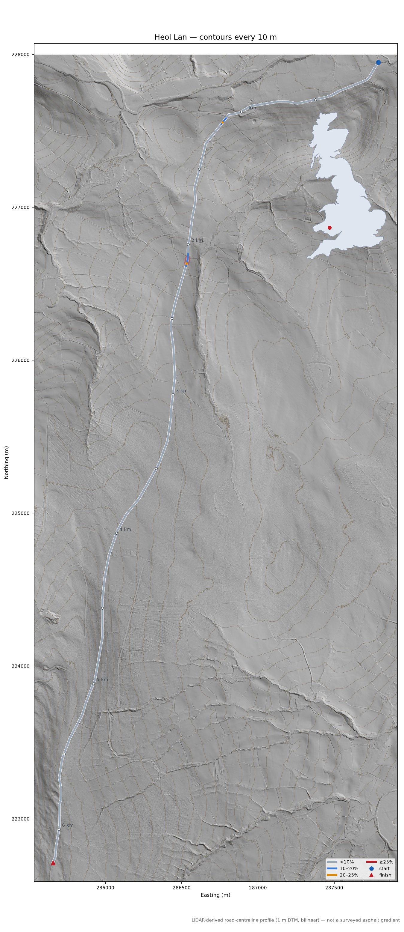 Heol Lan LiDAR hillshade map with contours
