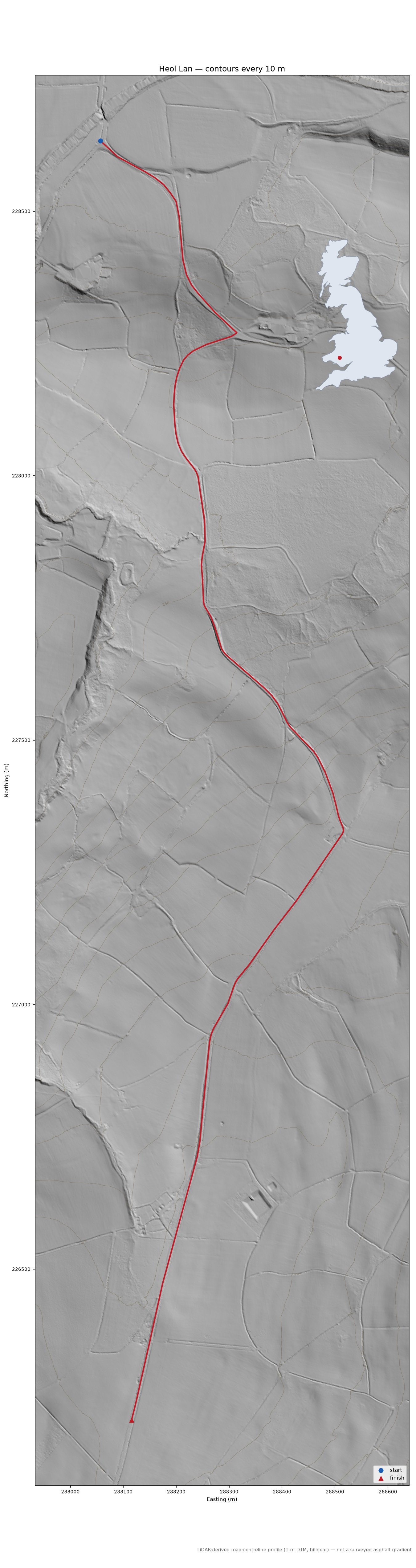 Heol Lan LiDAR hillshade map with contours