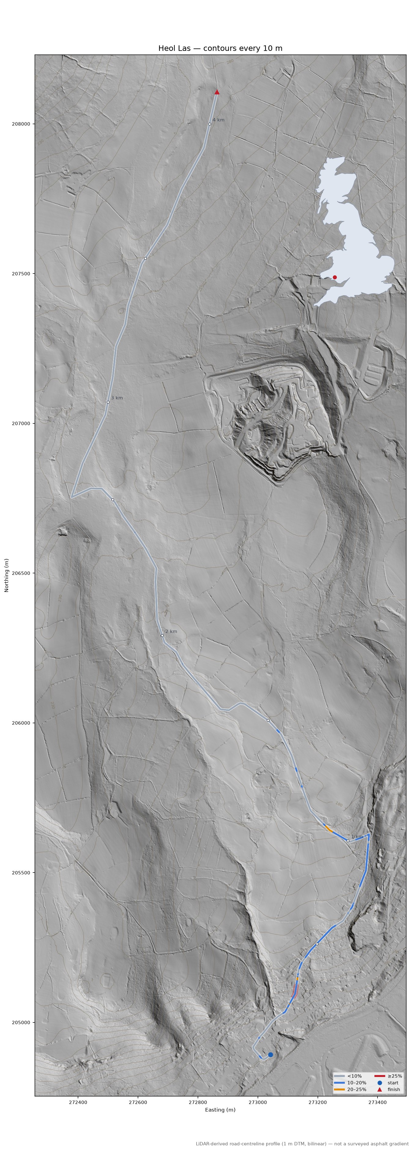 Heol Las LiDAR hillshade map with contours