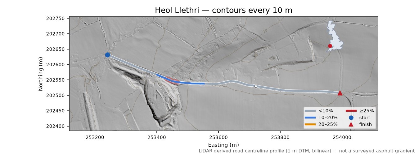 Heol Llethri LiDAR hillshade map with contours