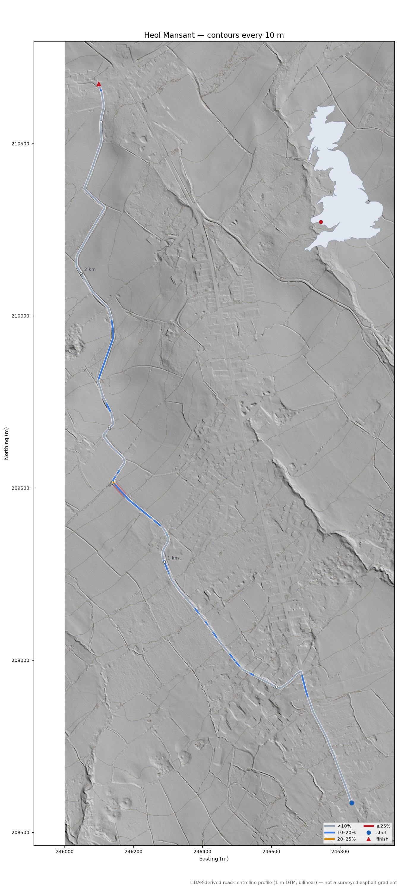 Heol Mansant LiDAR hillshade map with contours