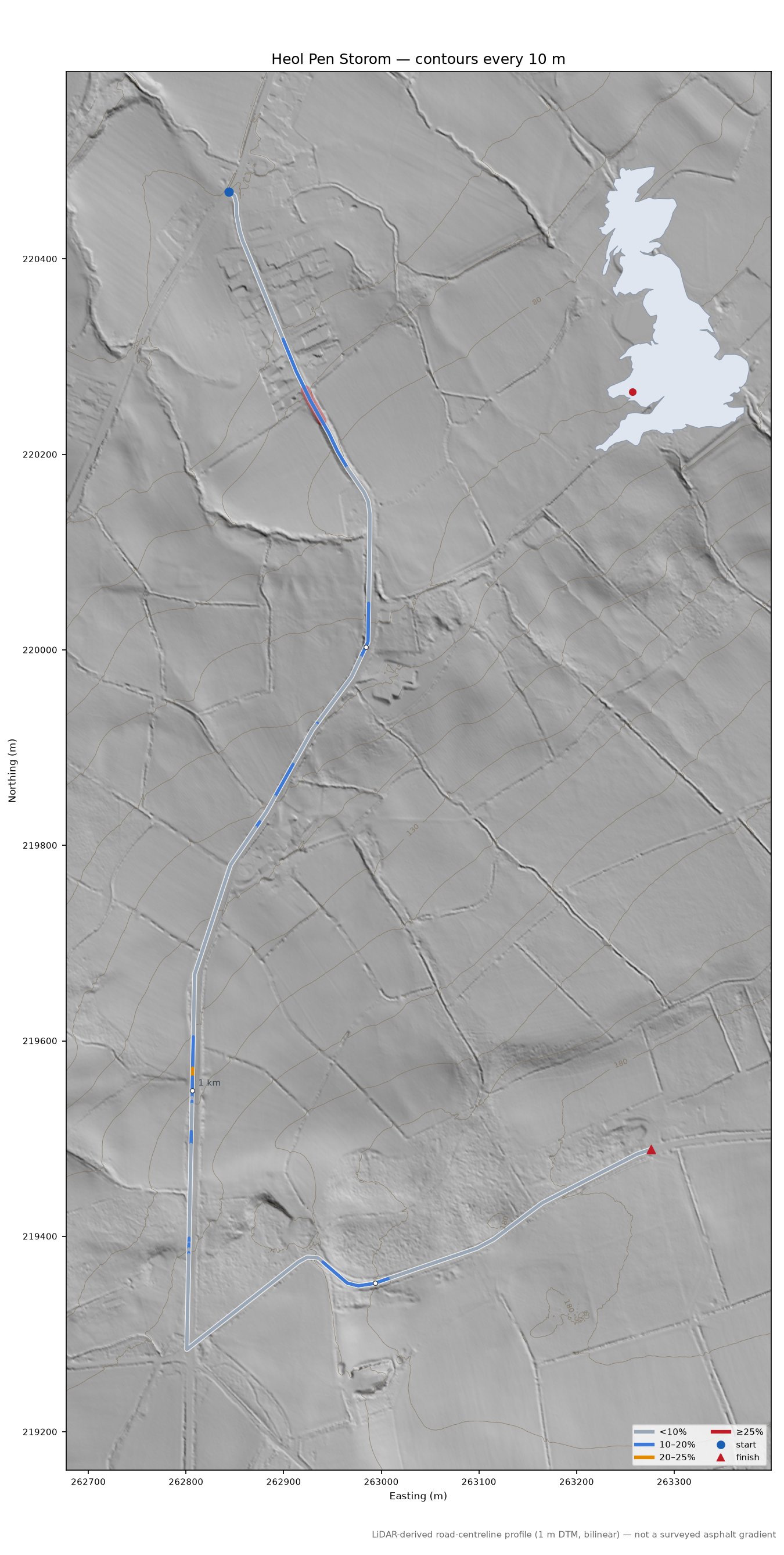 Heol Pen Storom LiDAR hillshade map with contours