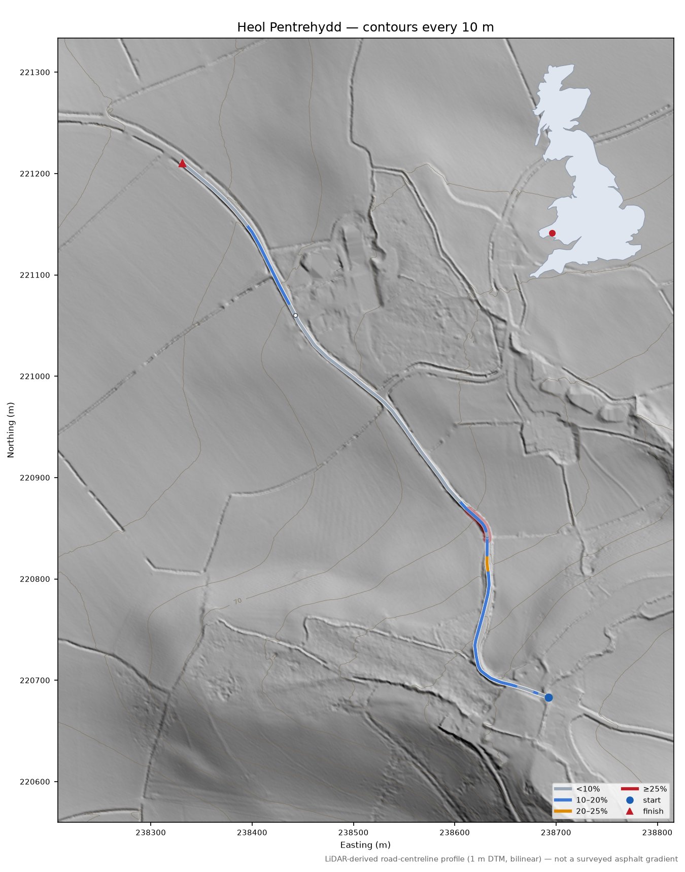Heol Pentrehydd LiDAR hillshade map with contours