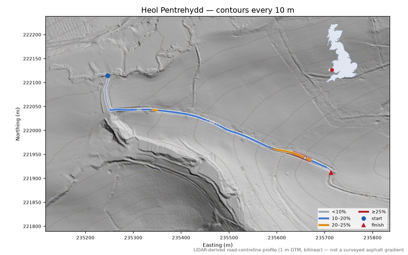 Heol Pentrehydd LiDAR hillshade map with contours