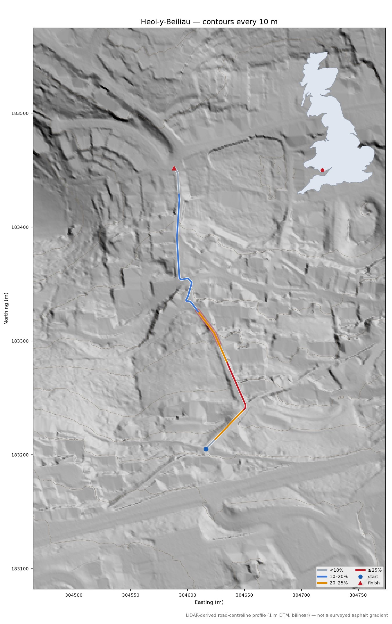 Heol-y-Beiliau LiDAR hillshade map with contours