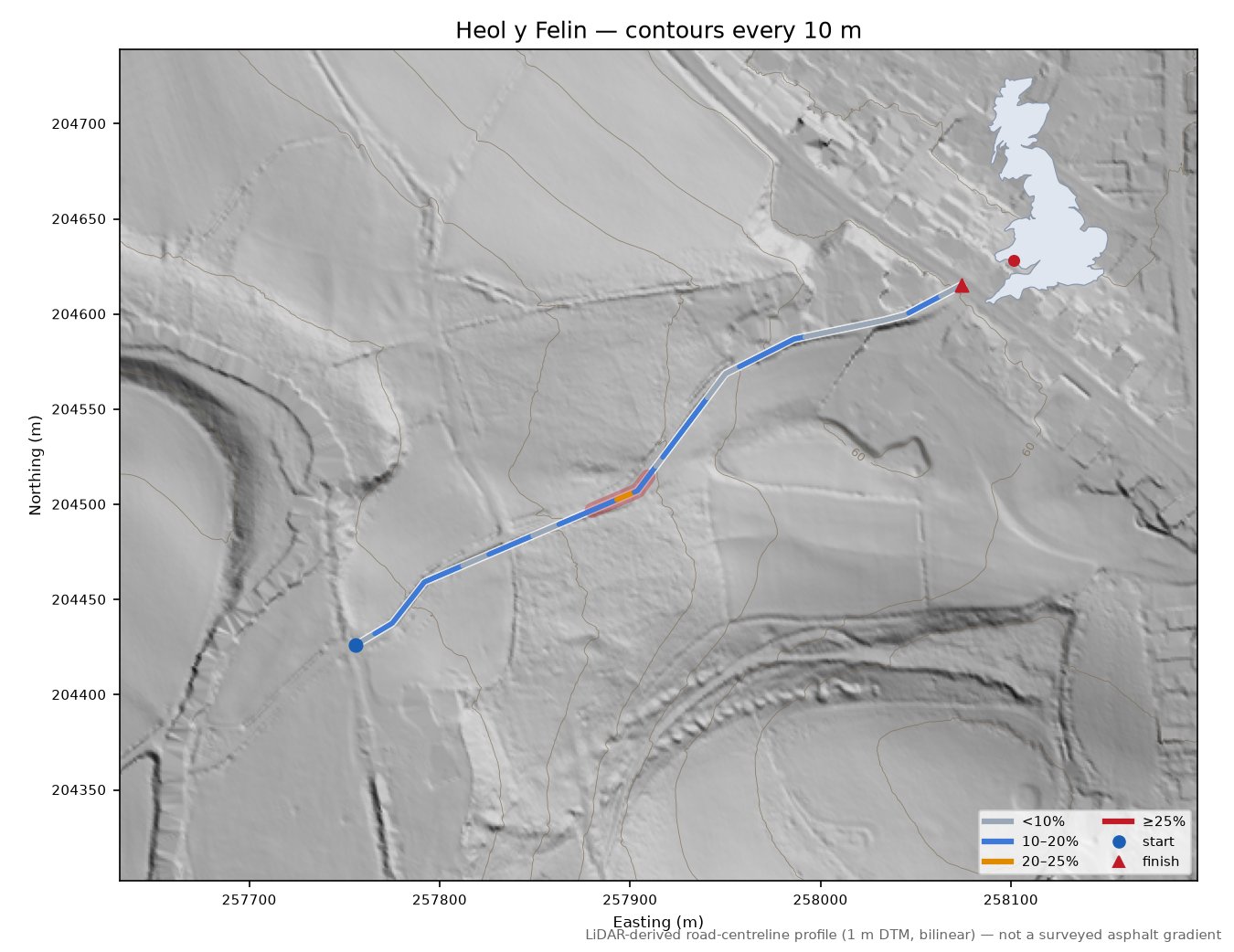 Heol y Felin LiDAR hillshade map with contours