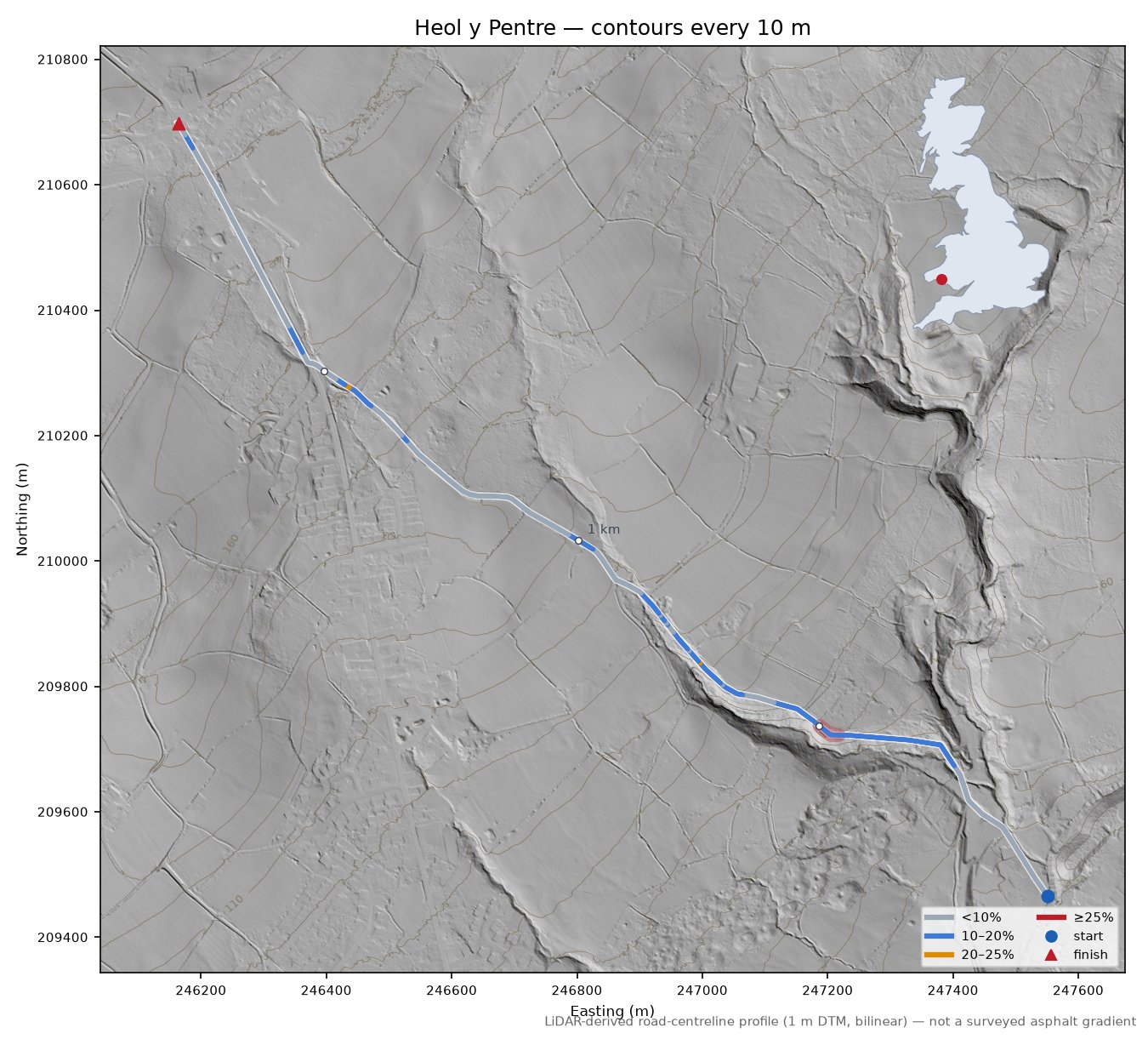 Heol y Pentre LiDAR hillshade map with contours