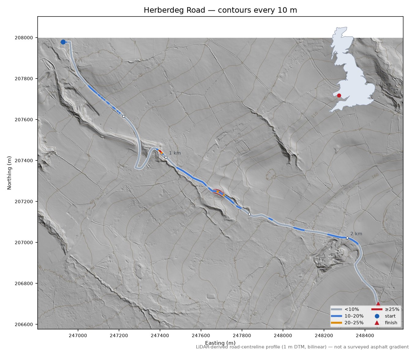 Herberdeg Road LiDAR hillshade map with contours
