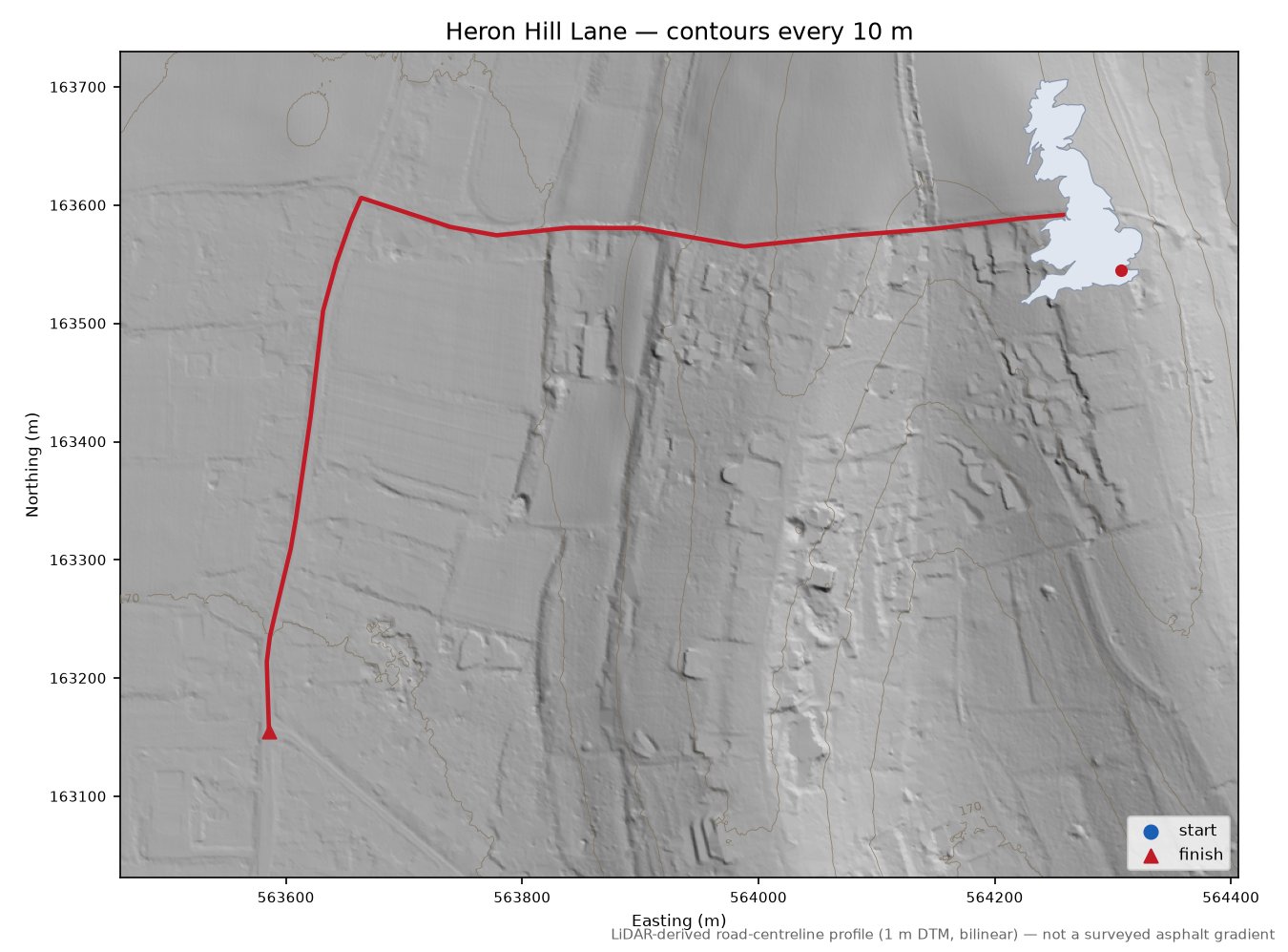 Heron Hill Lane LiDAR hillshade map with contours
