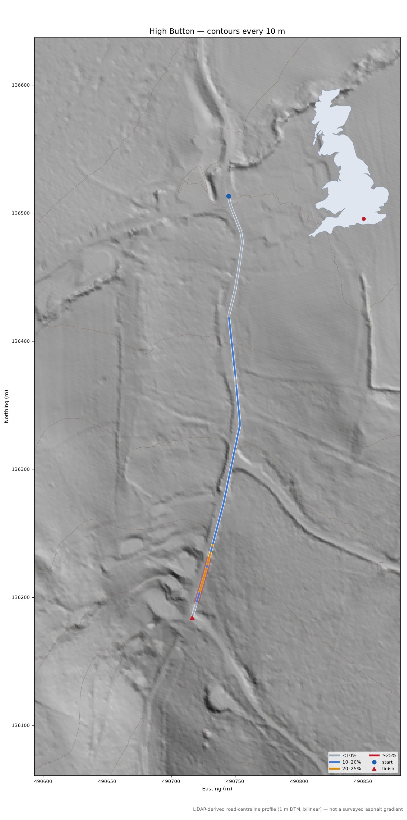 High Button LiDAR hillshade map with contours