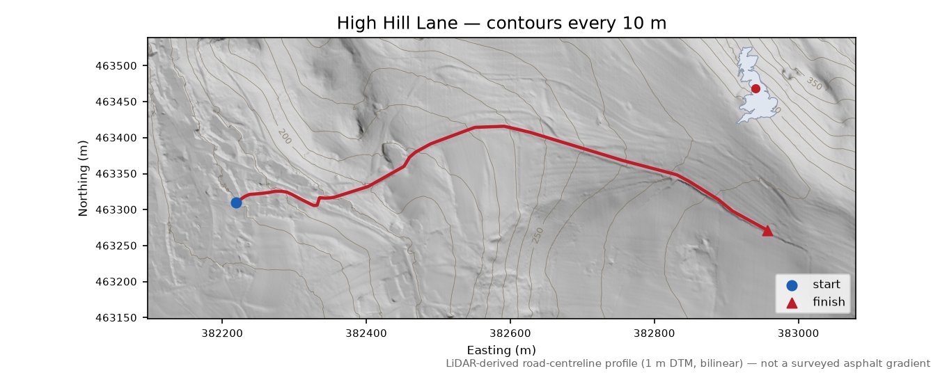 High Hill Lane LiDAR hillshade map with contours