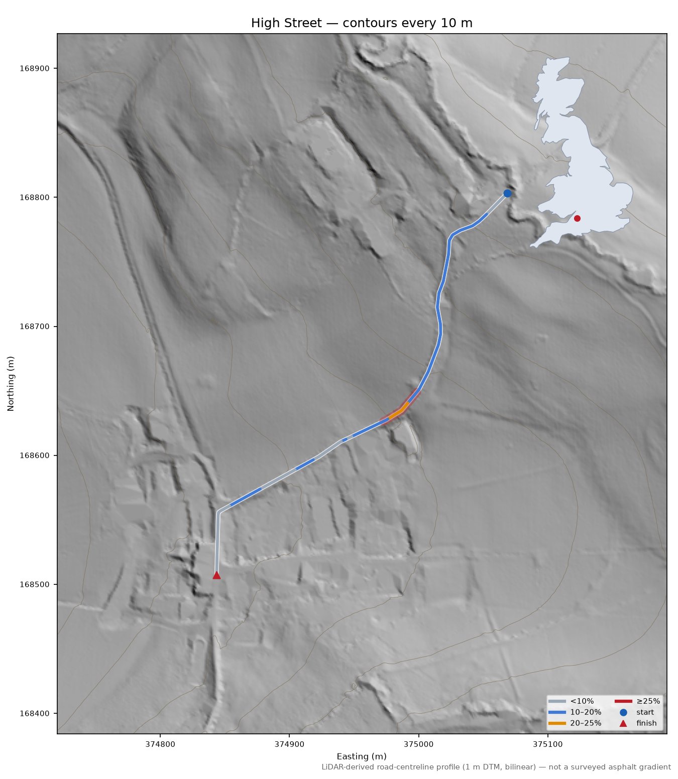 High Street LiDAR hillshade map with contours