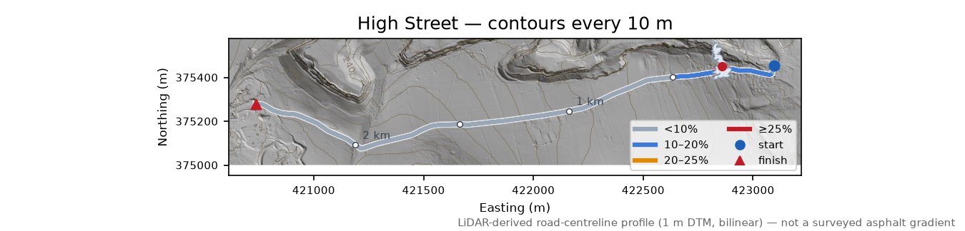High Street LiDAR hillshade map with contours