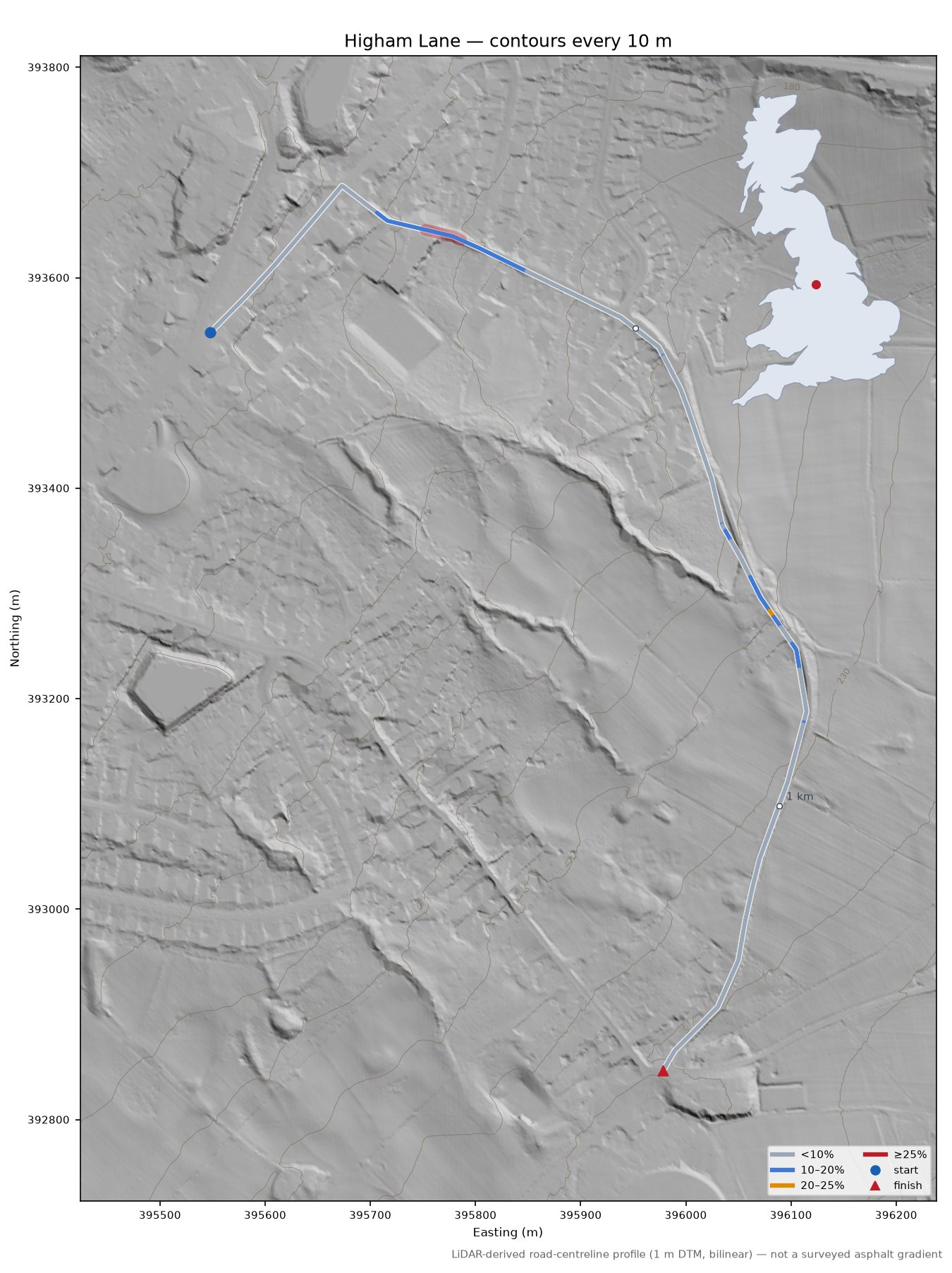 Higham Lane LiDAR hillshade map with contours