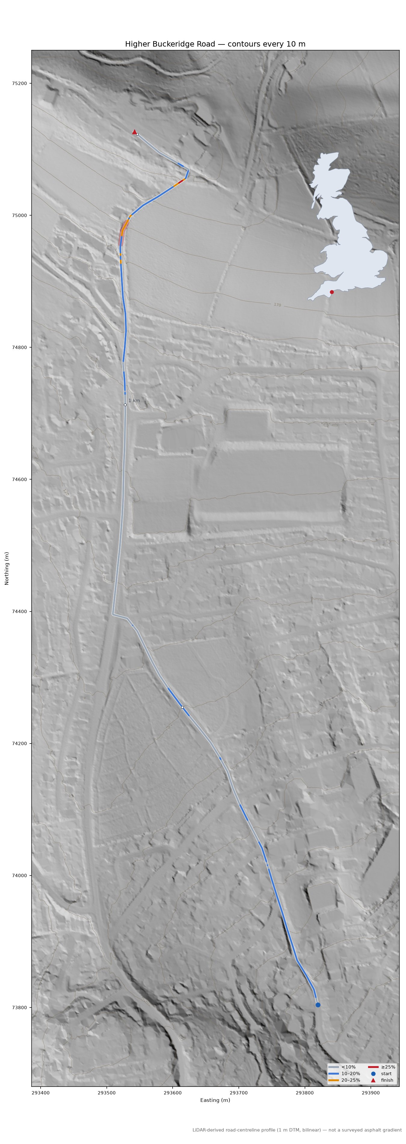 Higher Buckeridge Road LiDAR hillshade map with contours