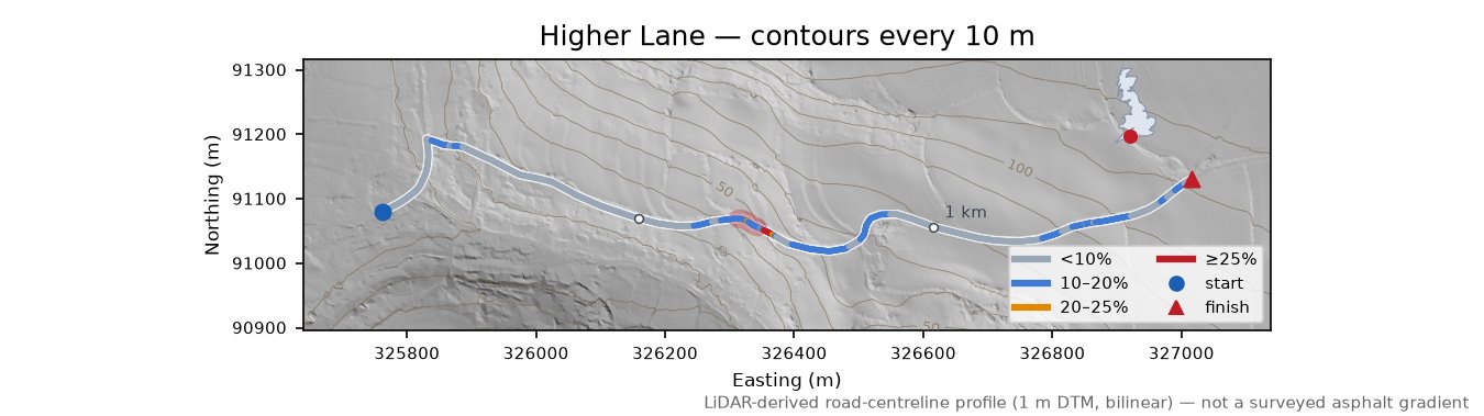 Higher Lane LiDAR hillshade map with contours
