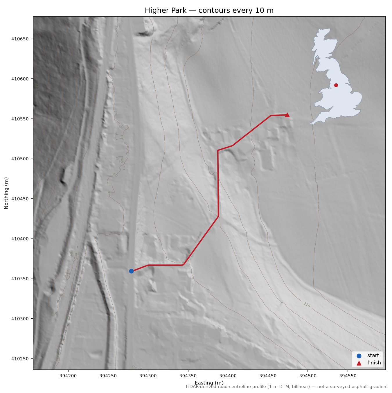 Higher Park LiDAR hillshade map with contours