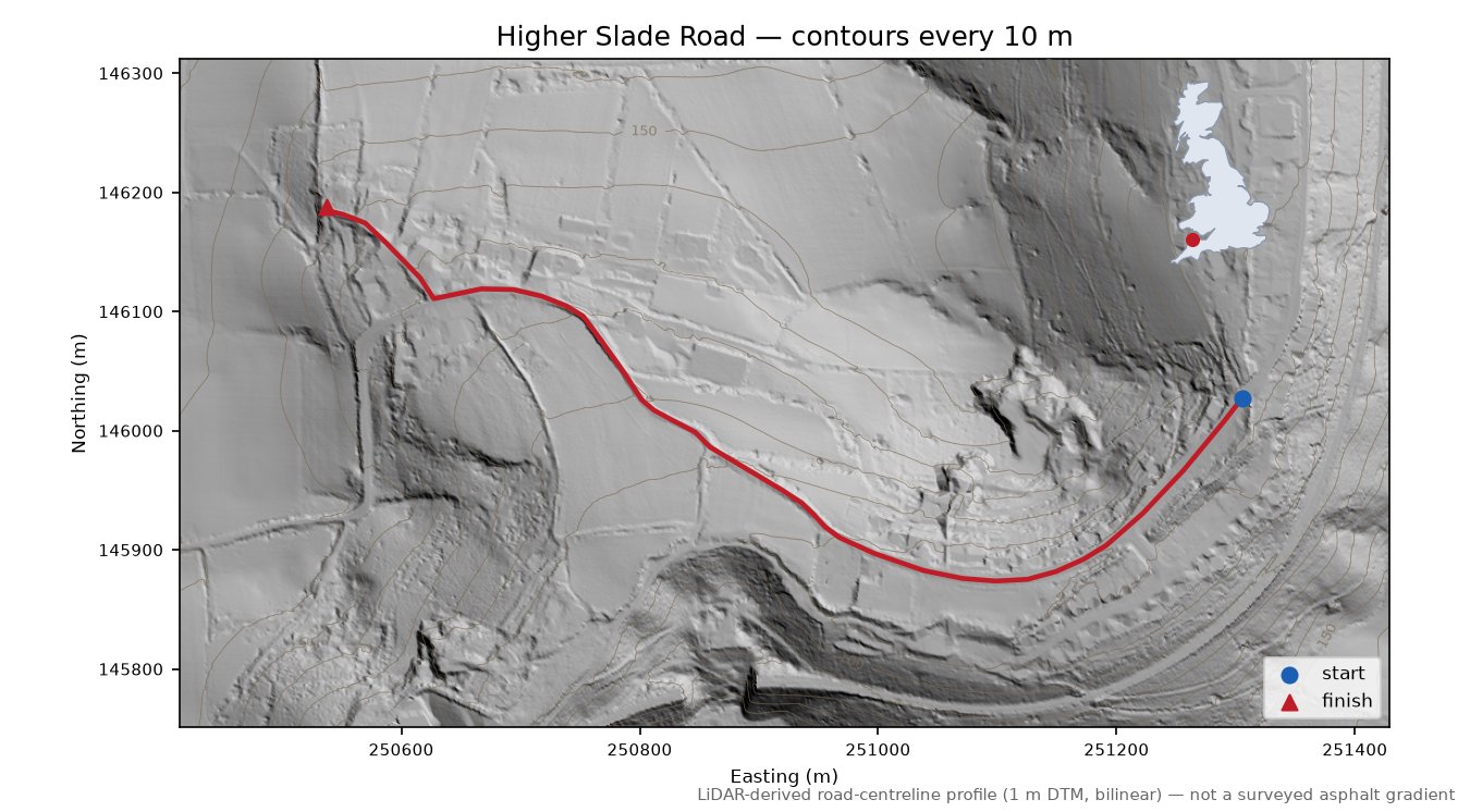 Higher Slade Road LiDAR hillshade map with contours