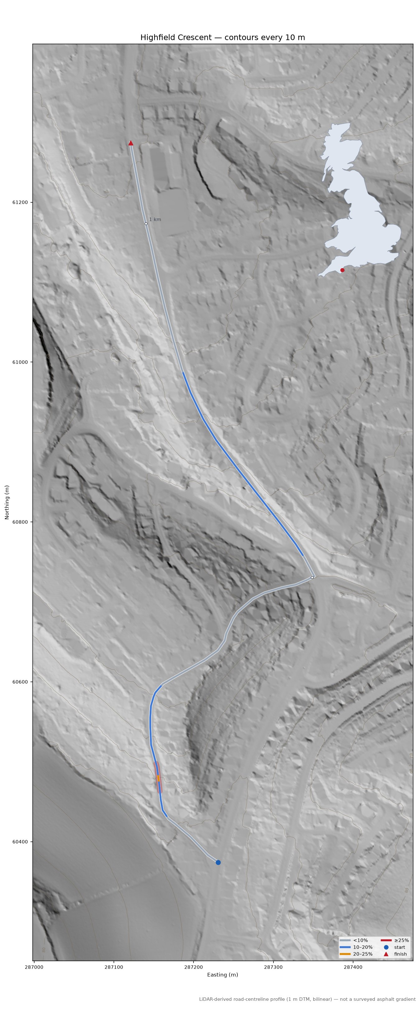 Highfield Crescent LiDAR hillshade map with contours